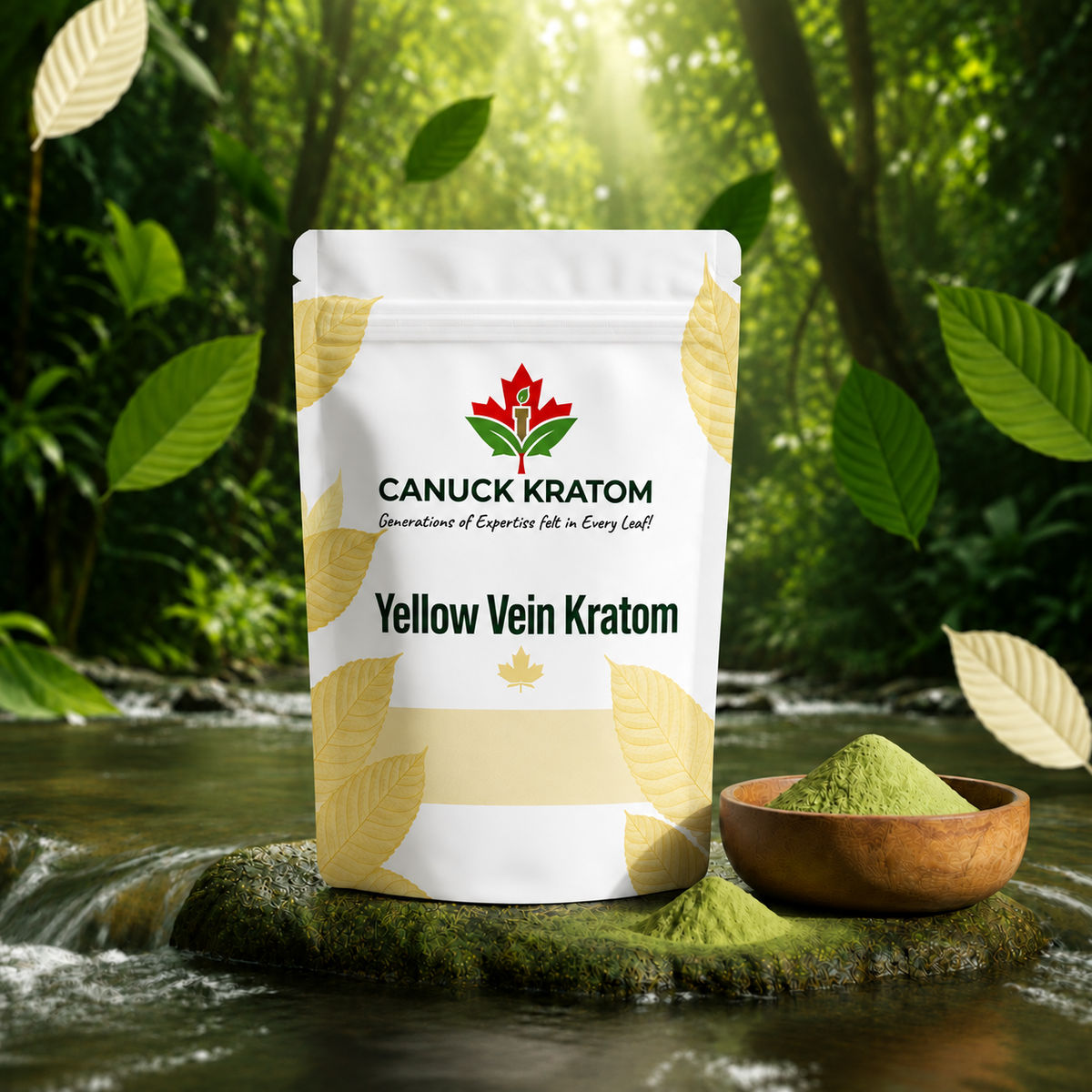 White Canuck Kratom stand-up pouch labelled Yellow Vein Kratom beside a bowl of green powder in a rainforest stream setting.