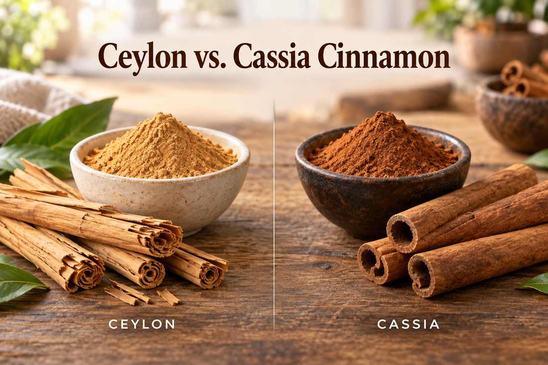 Ceylon vs cassia cinnamon powder comparison with light Ceylon powder, thin layered quills, dark cassia powder and thick cinnamon sticks.