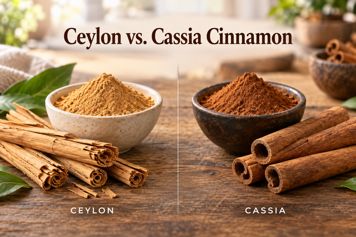 Ceylon vs cassia cinnamon powder comparison with light Ceylon powder, thin layered quills, dark cassia powder and thick cinnamon sticks.