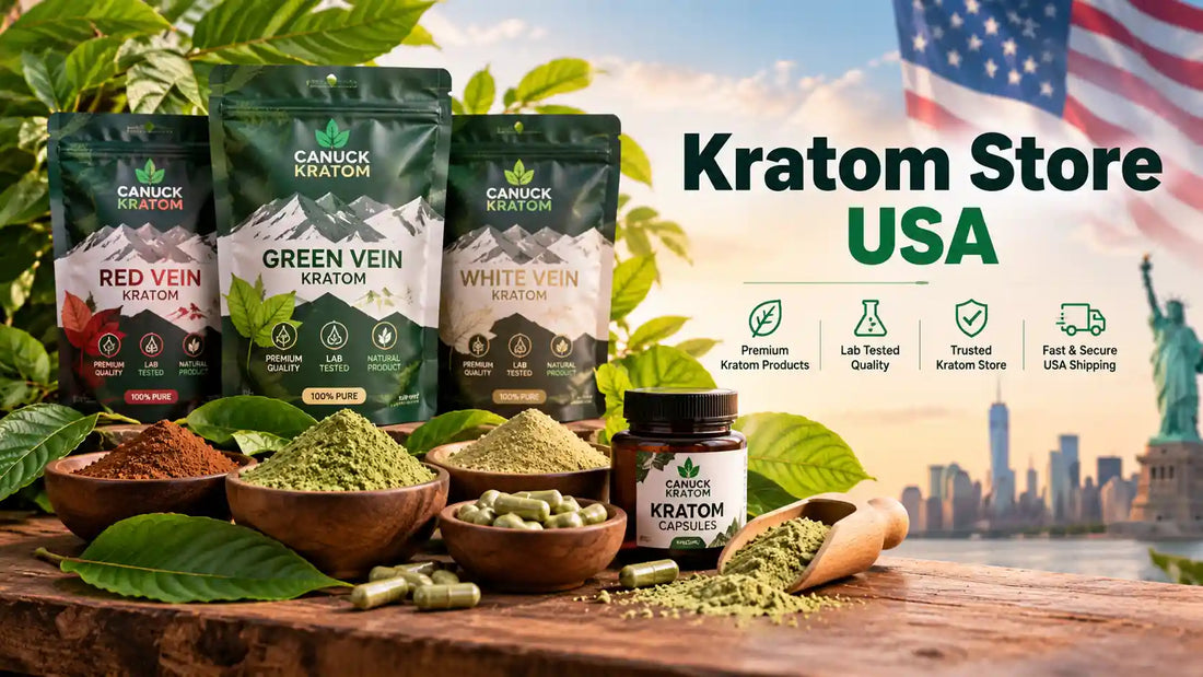 Canuck Kratom USA store featuring red, green, and white vein kratom products, kratom powder, capsules, and botanical leaves.
