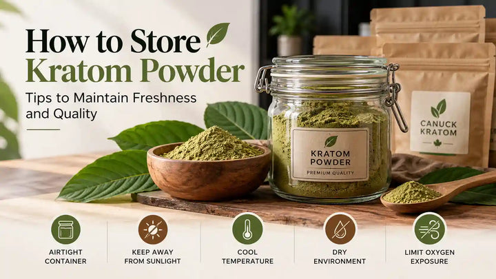 How to store kratom powder in an airtight container to maintain freshness and quality by protecting it from moisture, sunlight, heat, and oxygen.
