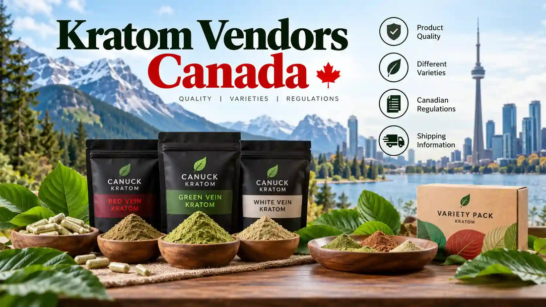 Kratom vendors Canada – Canuck Kratom green, red, and white vein product pouches, kratom powder, capsules, and variety pack with Canadian landscape background.