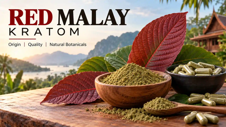 Red Malay Kratom botanical guide featuring red-vein leaves, kratom powder, and capsules on a wooden table.            Is this conversation helpful so far?