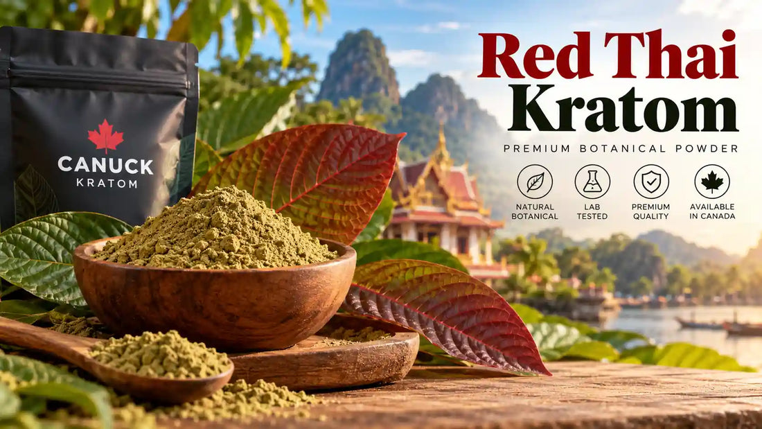 Red Thai Kratom powder in a wooden bowl with red-veined kratom leaves and Canuck Kratom packaging against a tropical Thai-inspired landscape.