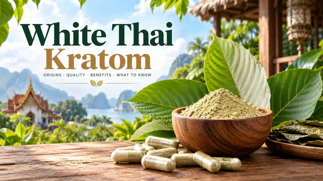 White Thai Kratom powder and capsules displayed with fresh kratom leaves against a tropical Thai-inspired landscape.