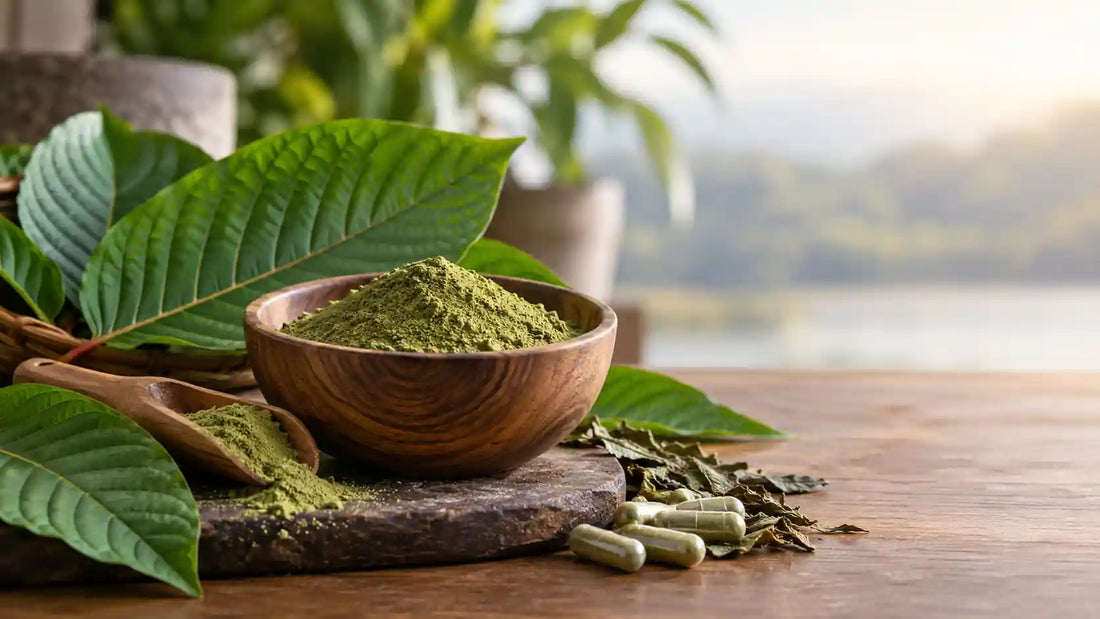 Kratom leaves and green kratom powder in a wooden bowl with dried leaves and capsules on a natural tabletop.