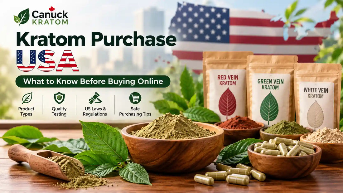 Kratom Purchase USA guide featuring Canuck Kratom red, green, and white vein kratom products, kratom powder, capsules, and leaves.