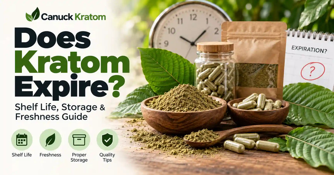 Does kratom expire? Kratom powder, capsules, leaves, and storage products illustrating shelf life, freshness, and proper kratom storage.