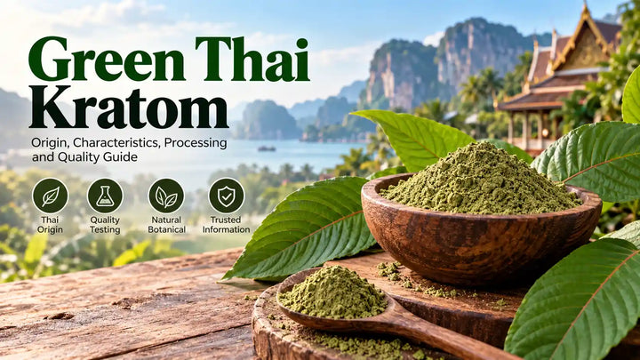 Green Thai Kratom with green botanical powder, fresh kratom leaves, and a tropical Thai-inspired landscape illustrating its origin, processing, and quality considerations.