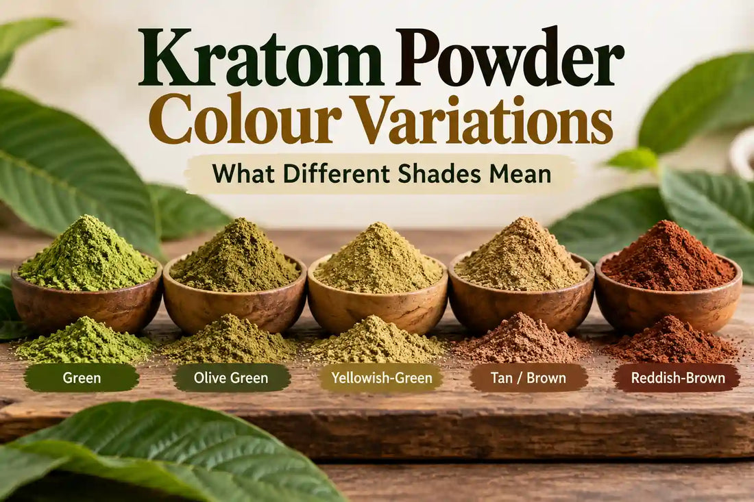 Kratom powder colour variations showing green, olive green, yellowish-green, tan, brown, and reddish-brown kratom powder in wooden bowls.