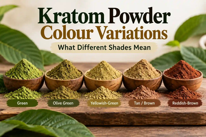 Kratom powder colour variations showing green, olive green, yellowish-green, tan, brown, and reddish-brown kratom powder in wooden bowls.