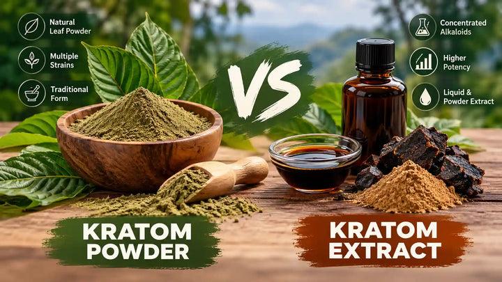 Kratom powder vs extract comparison showing ground kratom leaf powder, concentrated kratom extract, and liquid extract with key differences in composition and alkaloid concentration.