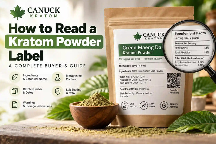 How to read a kratom powder label, including ingredients, mitragynine content, batch numbers, net weight, and laboratory testing information.