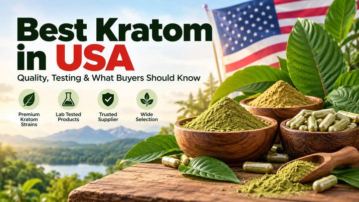 Best kratom in USA guide featuring kratom powder, capsules, green kratom leaves, and American flag.