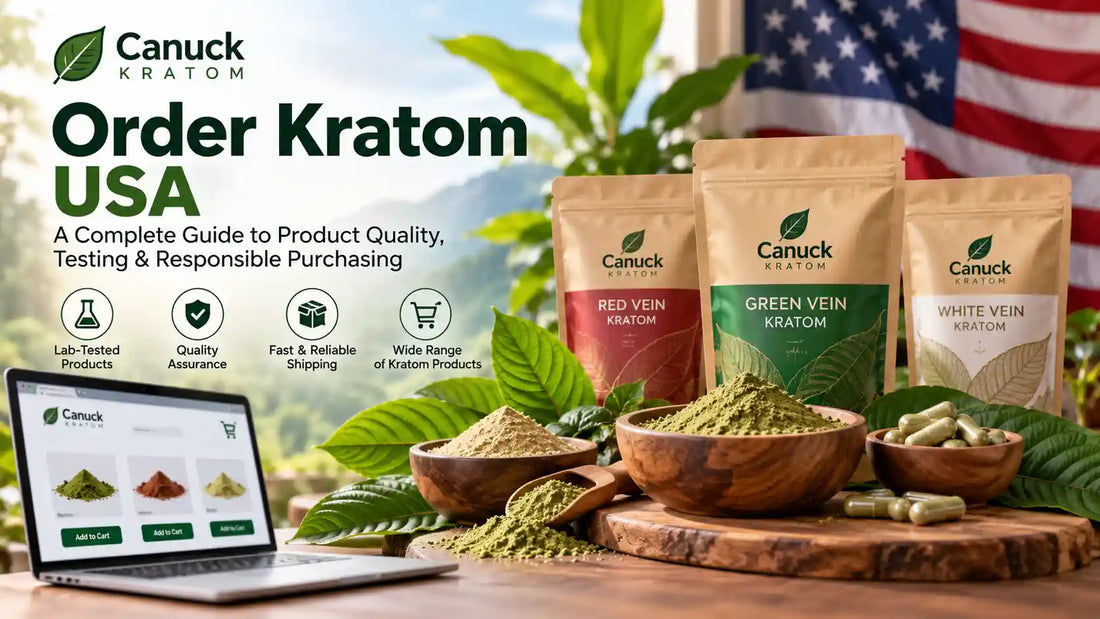 Canuck Kratom USA ordering guide featuring red, green, and white vein kratom products, botanical leaves, powder, capsules, and online shopping imagery.
