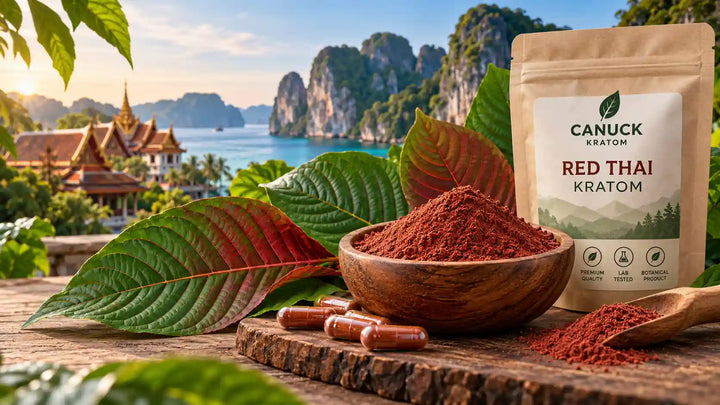 Red Thai Kratom powder with red-veined green leaves, botanical capsules, and Canuck Kratom product packaging against a tropical Thailand-inspired landscape.
