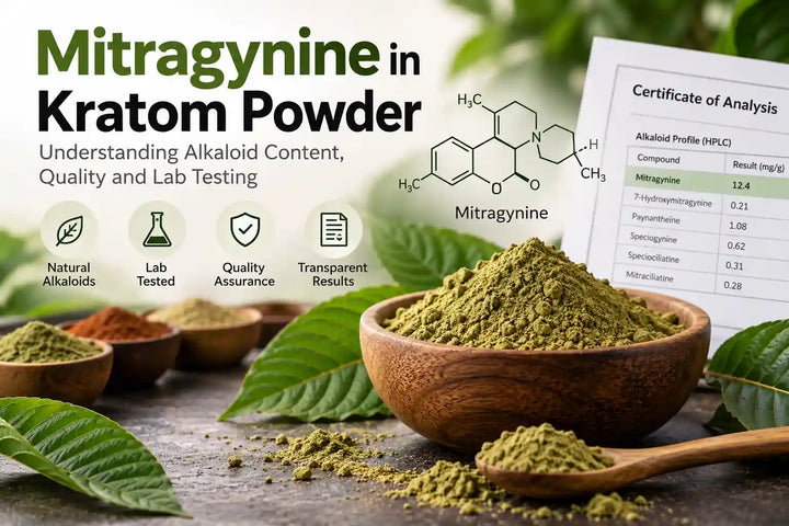 Mitragynine in kratom powder, showing green kratom leaf powder, natural alkaloids, and laboratory testing for mitragynine concentration and quality.