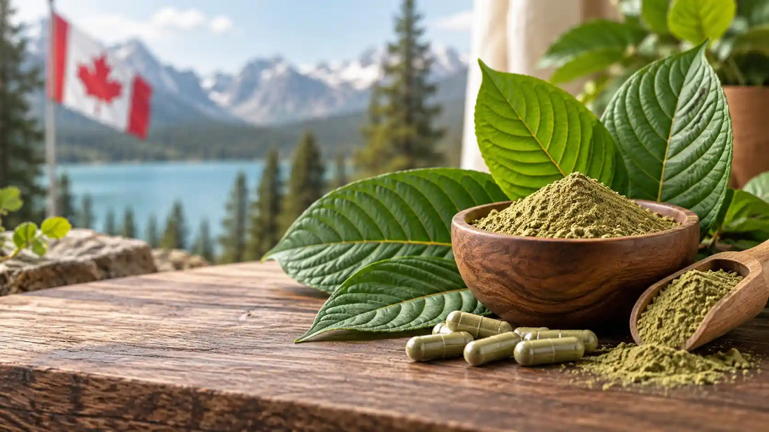Kratom leaves and green kratom powder in wooden bowls with capsules on a rustic table, set against a blurred Canadian mountain and lake landscape.