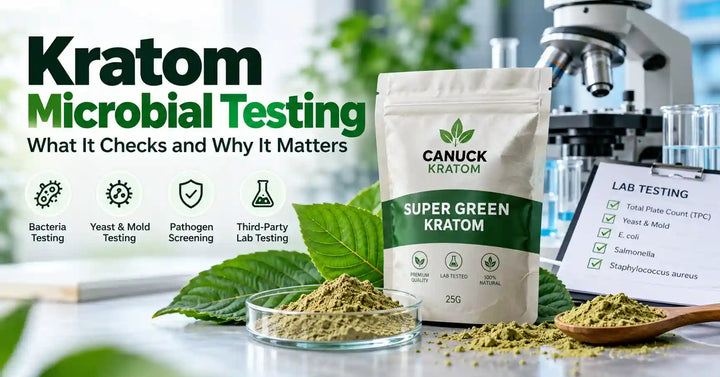 Kratom microbial testing infographic showing Super Green Kratom, laboratory equipment, bacteria and yeast testing, pathogen screening, and third-party lab testing.