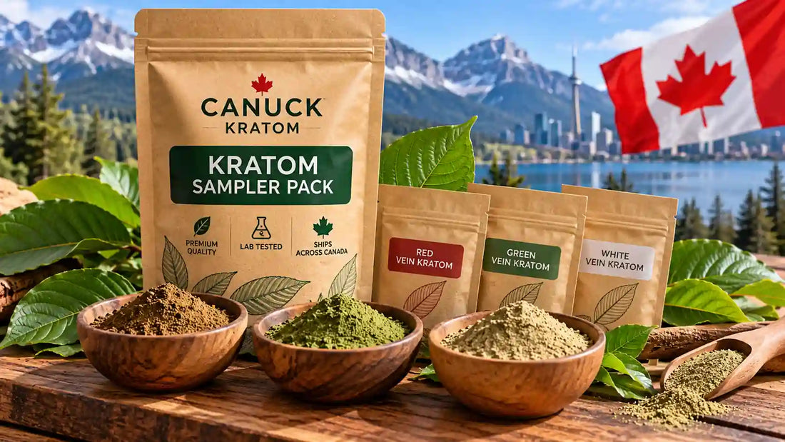 Kratom sampler pack Canada featuring red, green, and white vein kratom powder varieties by Canuck Kratom.