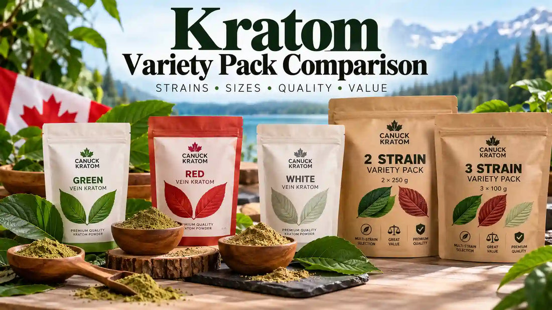 Kratom variety pack comparison featuring green, red, and white vein kratom products, with 2-strain and 3-strain sampler packs from Canuck Kratom.