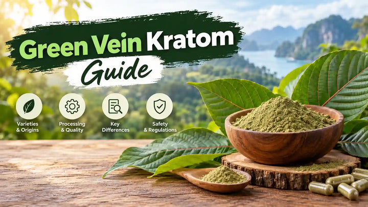 Green vein kratom guide featuring fresh kratom leaves, green kratom powder, capsules, and information icons about varieties, processing, differences, safety, and regulations.