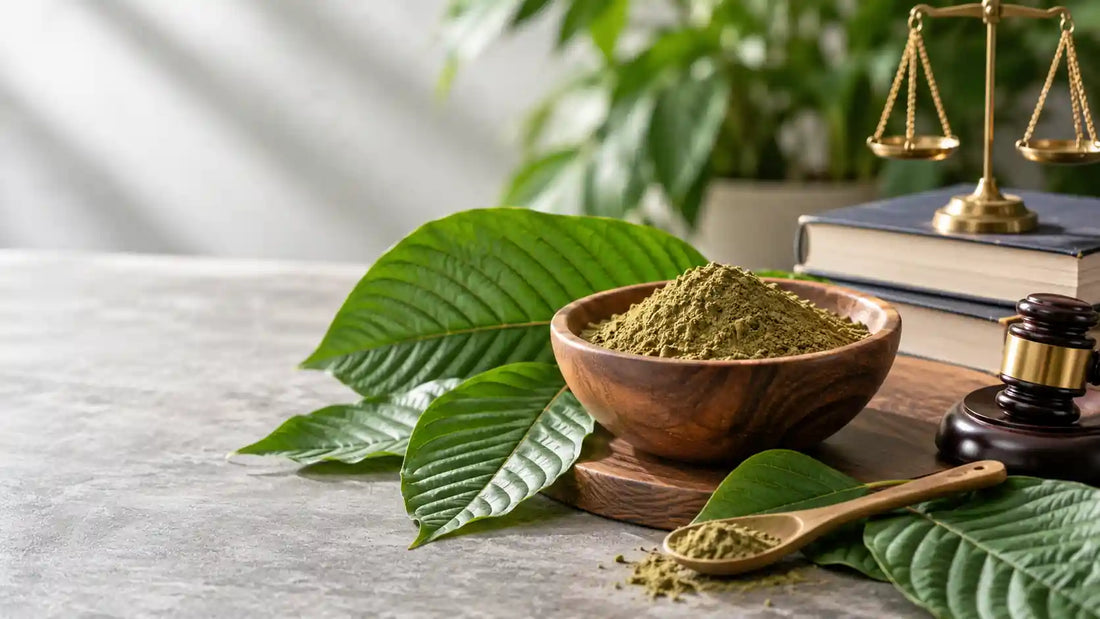 Kratom leaves and powder beside a wooden bowl, legal gavel, balance scale, and books representing kratom’s drug classification and legal status.