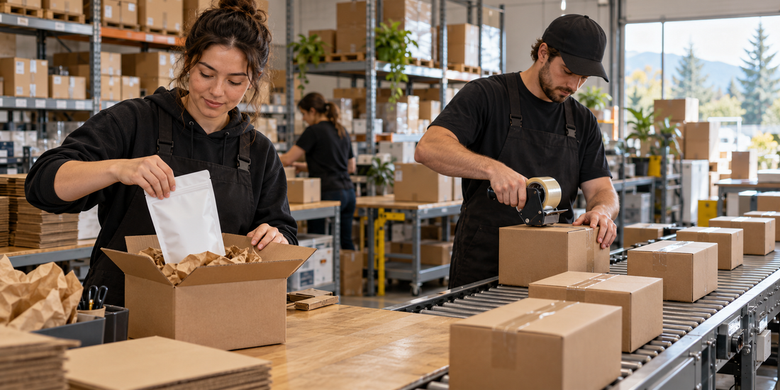 Staff packing and sealing discreet parcels beside a warehouse roller conveyor.