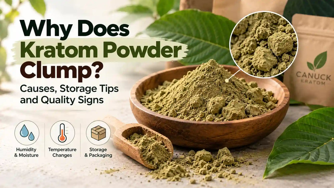 Why does kratom powder clump? Causes of moisture absorption, humidity, temperature changes, and proper kratom powder storage tips by Canuck Kratom.