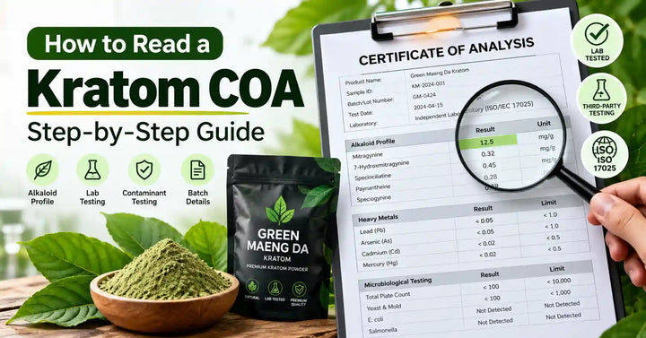 How to Read a Kratom COA step-by-step guide showing a Certificate of Analysis, alkaloid profile, lab testing, contaminant testing, batch details, and Green Maeng Da kratom powder.