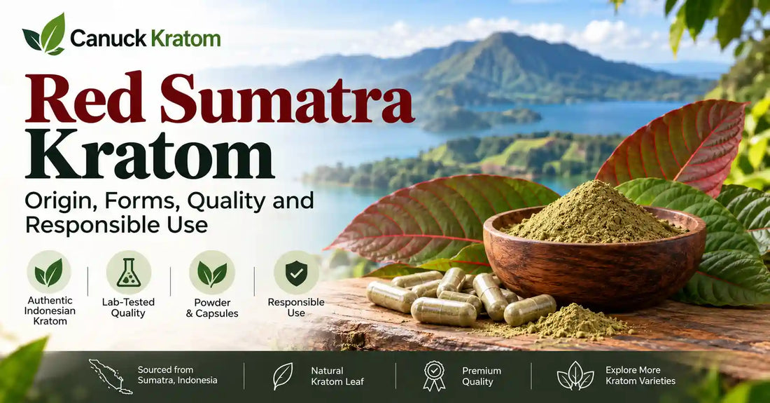 Red Sumatra kratom powder and capsules with kratom leaves, featuring Canuck Kratom branding and a Sumatra, Indonesia background.