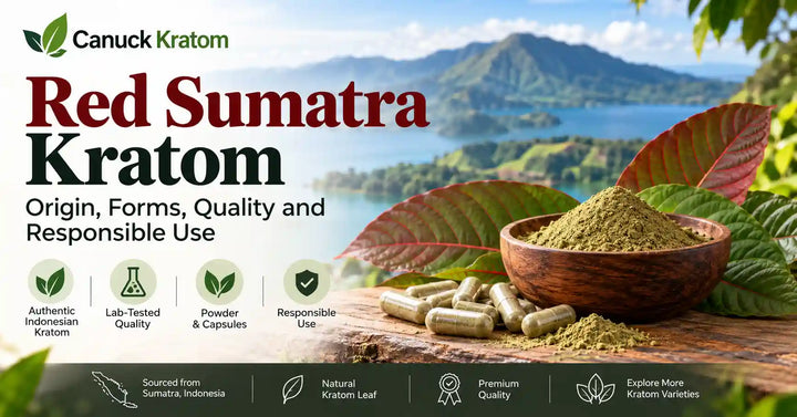 Red Sumatra kratom powder and capsules with kratom leaves, featuring Canuck Kratom branding and a Sumatra, Indonesia background.