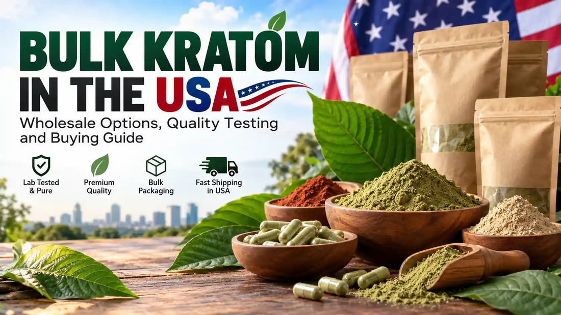 Bulk kratom in the USA featuring kratom powder, capsules, bulk packaging, and botanical leaves with a wholesale quality testing and buying guide.