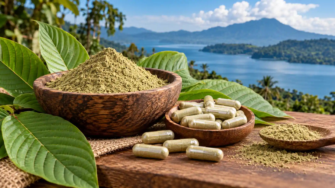 White Sumatra kratom powder and capsules in wooden bowls surrounded by green leaves with a tropical Sumatra, Indonesia, lake and mountain landscape in the background.