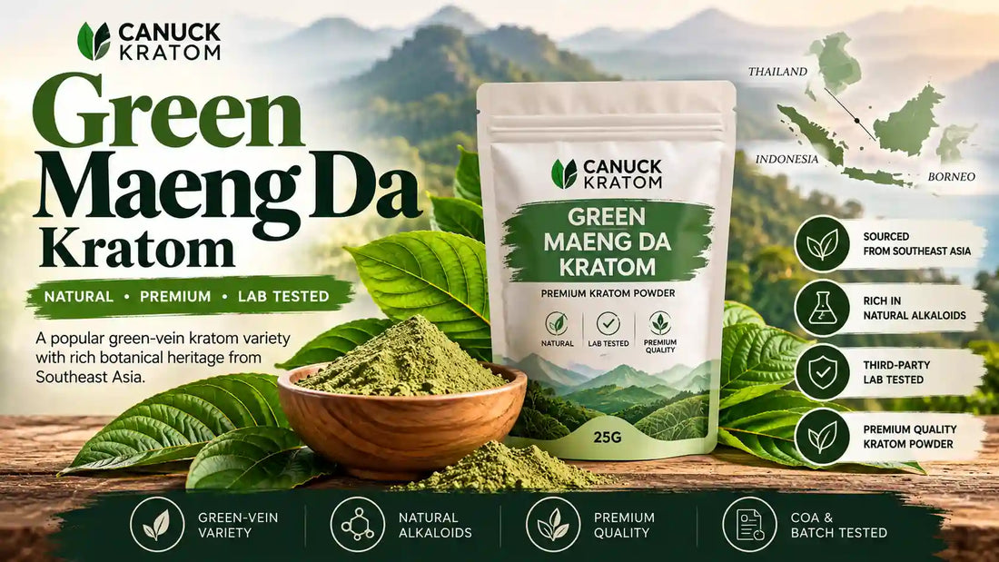 Green Maeng Da Kratom premium powder by Canuck Kratom with Southeast Asian botanical imagery and lab-tested quality messaging.