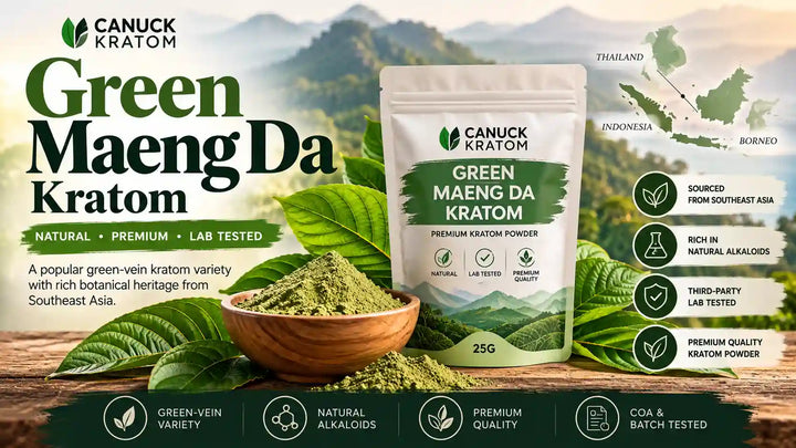Green Maeng Da Kratom premium powder by Canuck Kratom with Southeast Asian botanical imagery and lab-tested quality messaging.