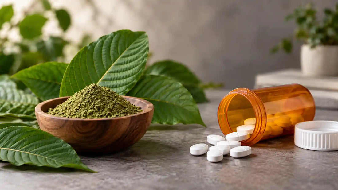 Kratom leaves and green kratom powder beside an amber prescription pill bottle with white tablets, illustrating differences between kratom and opioids.
