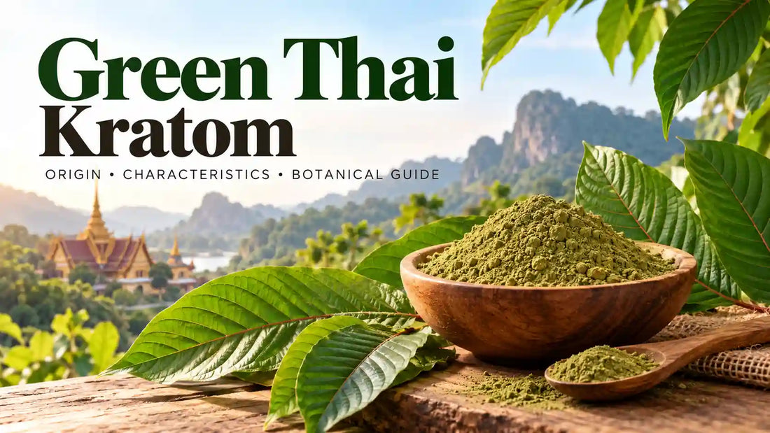 Green Thai kratom leaves and green kratom powder in a wooden bowl with a Thai tropical landscape in the background.