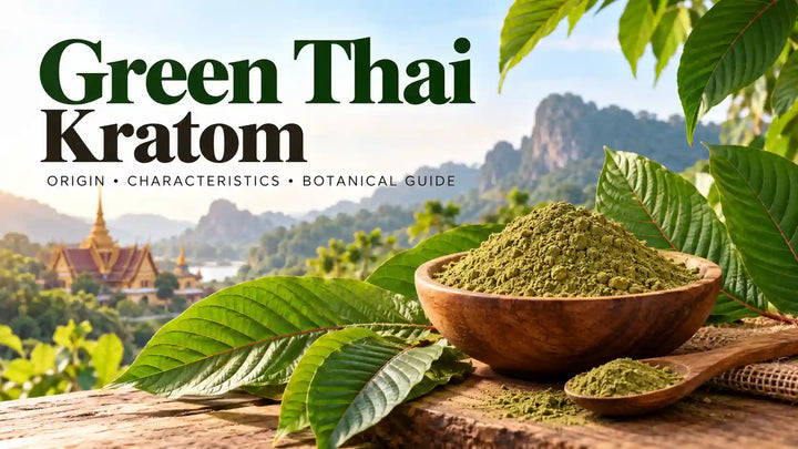 Green Thai kratom leaves and green kratom powder in a wooden bowl with a Thai tropical landscape in the background.