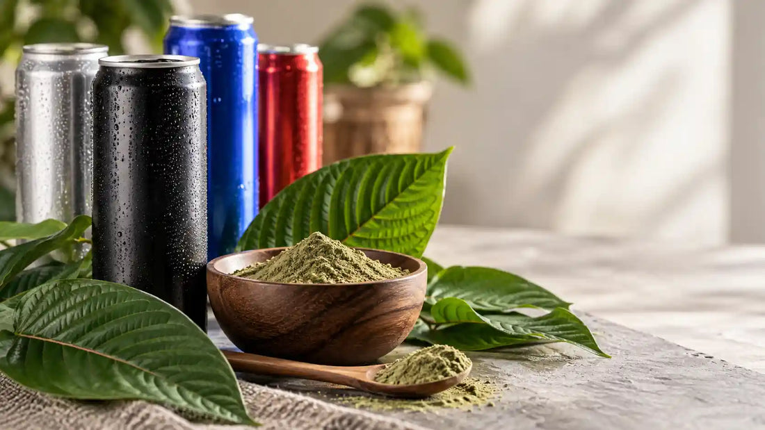 Energy drink cans beside kratom leaves and green kratom powder in a wooden bowl on a natural stone surface.