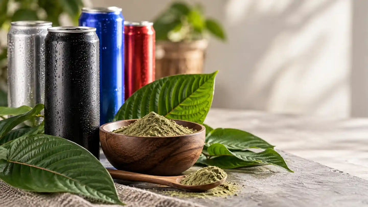 Energy drink cans beside kratom leaves and green kratom powder in a wooden bowl on a natural stone surface.