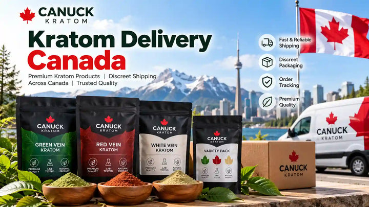 Canuck Kratom delivery Canada banner featuring green, red, and white vein kratom products, variety packs, shipping box, and Canadian delivery van.
