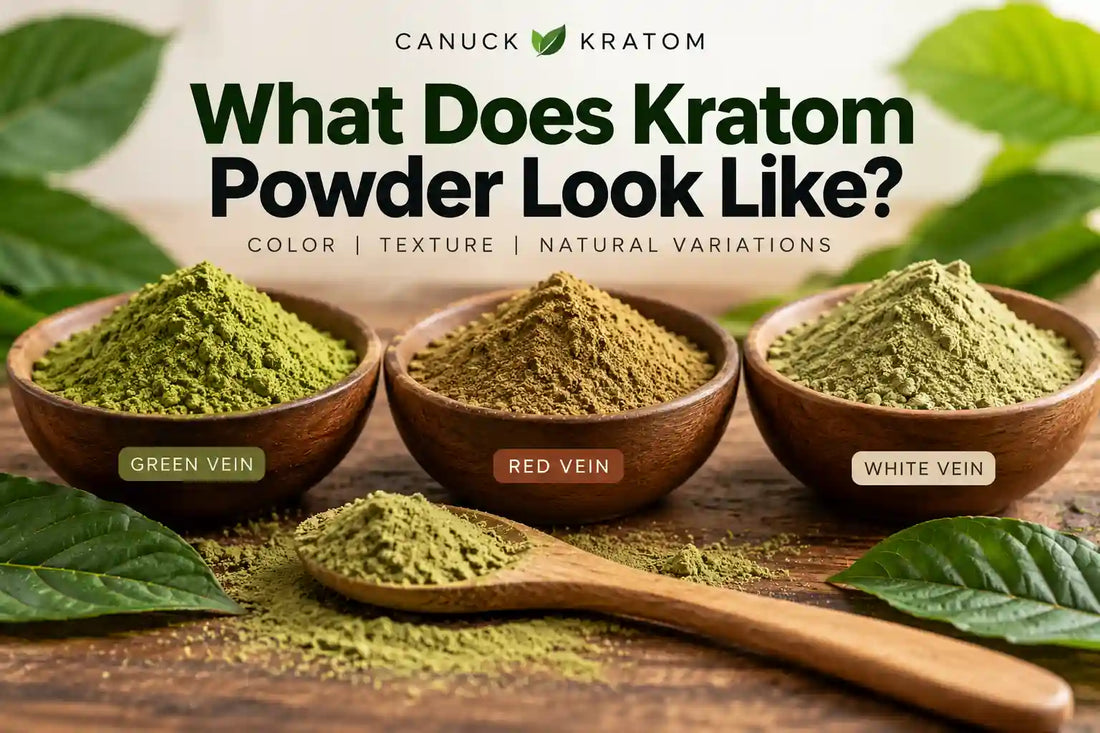 What does kratom powder look like? Green, brownish-green, and pale green kratom powder in wooden bowls, illustrating natural color and texture variations.