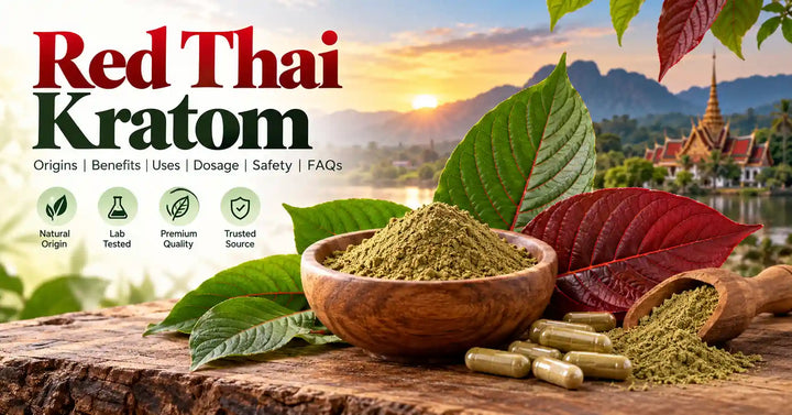 Red Thai kratom powder, capsules, and red-vein kratom leaves with a Thailand-inspired landscape background and “Red Thai Kratom” title.