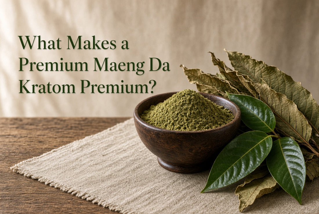 Wooden bowl of fine green premium Maeng Da kratom powder with fresh and dried kratom leaves