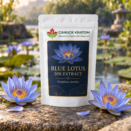 Blue Lotus 20X Extract Canada in a branded Canuck Kratom resealable pouch with blue lotus flowers