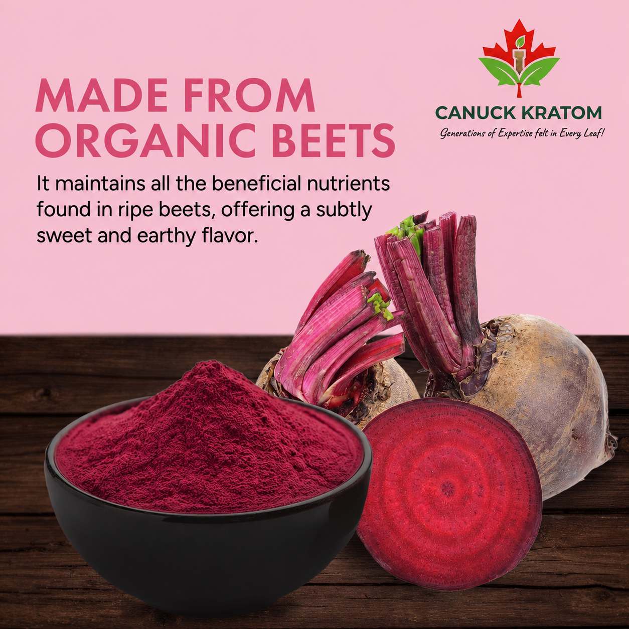 Canuck Kratom beet root powder in a white resealable pouch