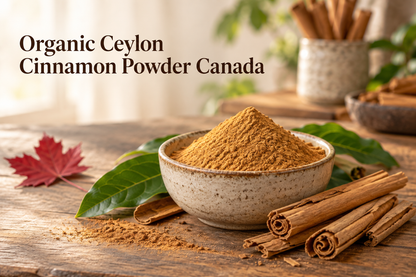 Organic Ceylon cinnamon powder in a ceramic bowl with cinnamon quills in Canada.